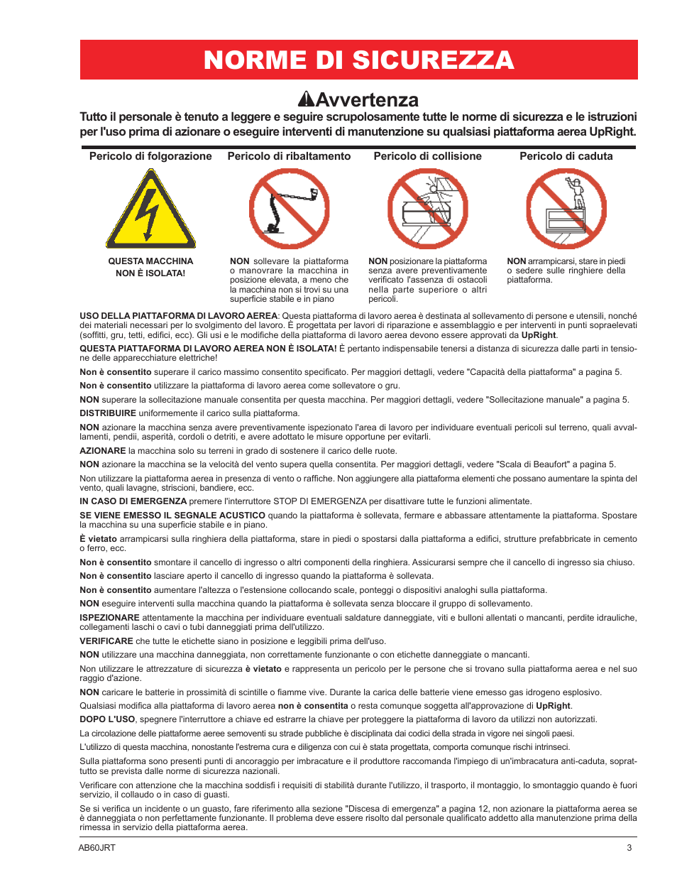 Norme di sicurezza, A avvertenza | Snorkel AB60JRT-sn10000+ User Manual | Page 77 / 122