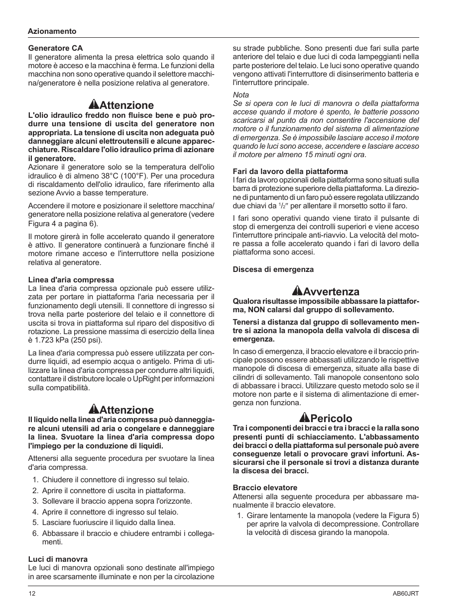 Attenzione, Avvertenza, Pericolo | Snorkel AB60JRT-sn10000+ User Manual | Page 86 / 122