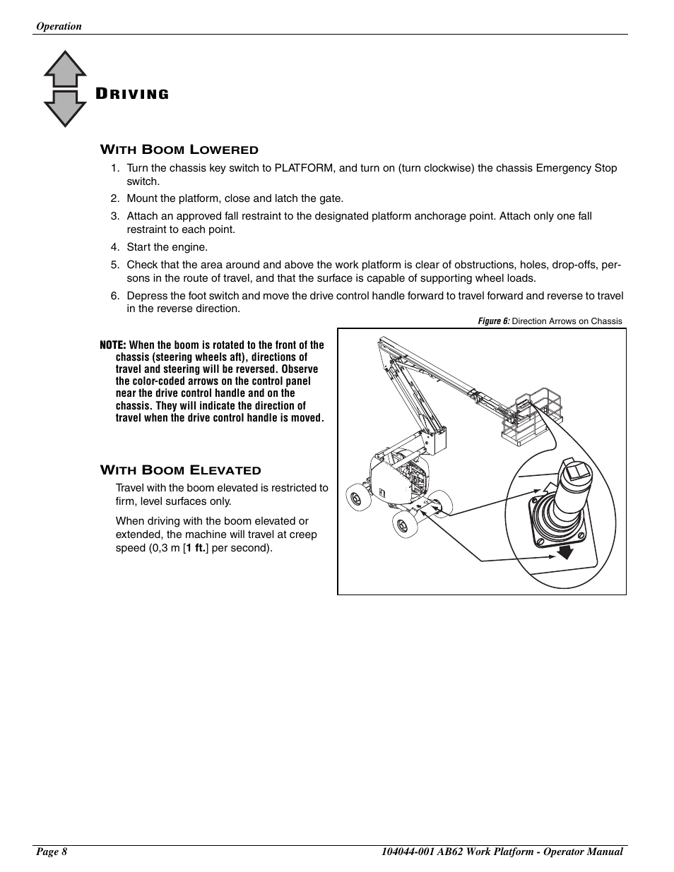 Driving, With boom lowered, With boom elevated | Snorkel AB62 User Manual | Page 10 / 24