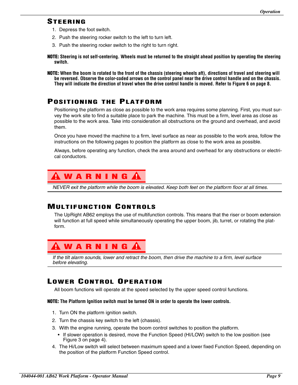 Steering, Positioning the platform, Multifunction controls | Lower control operation | Snorkel AB62 User Manual | Page 11 / 24