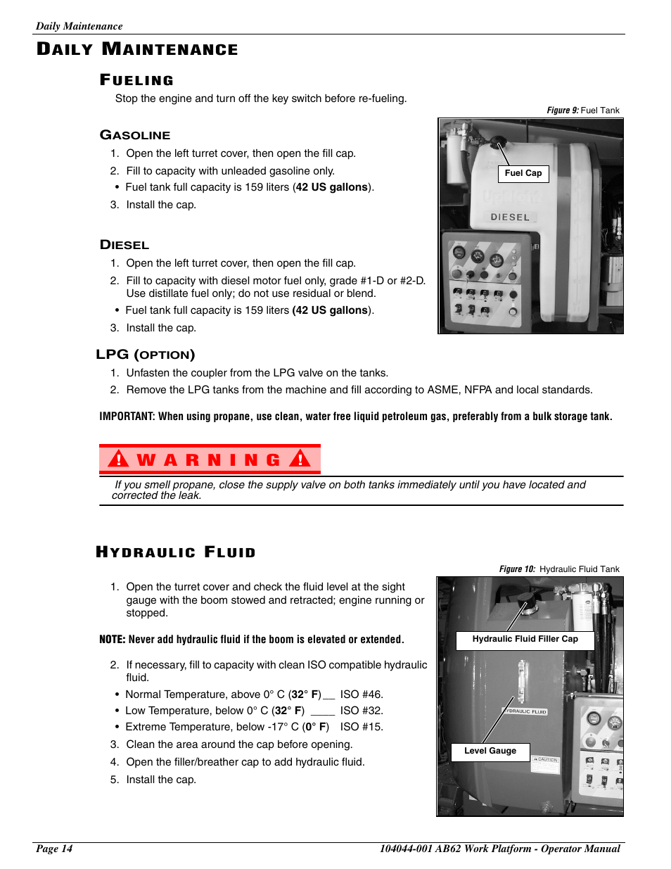 Daily maintenance, Fueling, Gasoline | Diesel, Hydraulic fluid, Fueling hydraulic fluid | Snorkel AB62 User Manual | Page 16 / 24