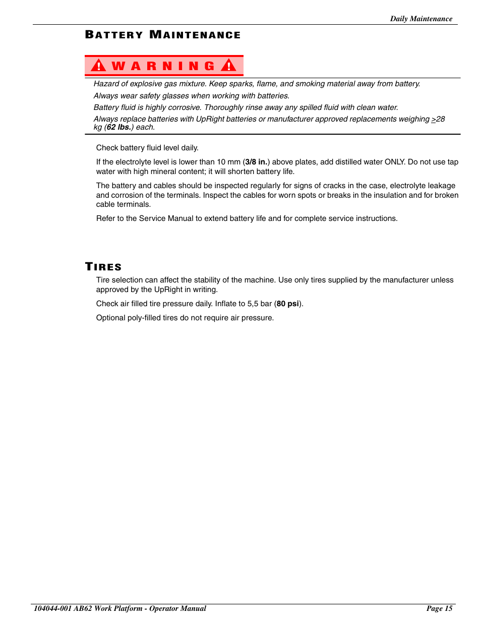 Battery maintenance, Tires, Battery maintenance tires | Snorkel AB62 User Manual | Page 17 / 24