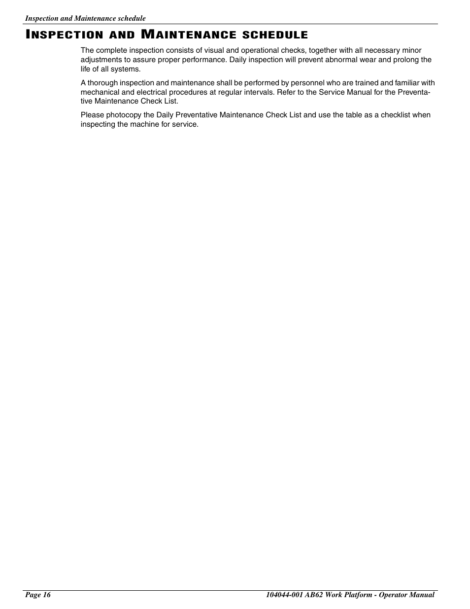 Inspection and maintenance schedule | Snorkel AB62 User Manual | Page 18 / 24