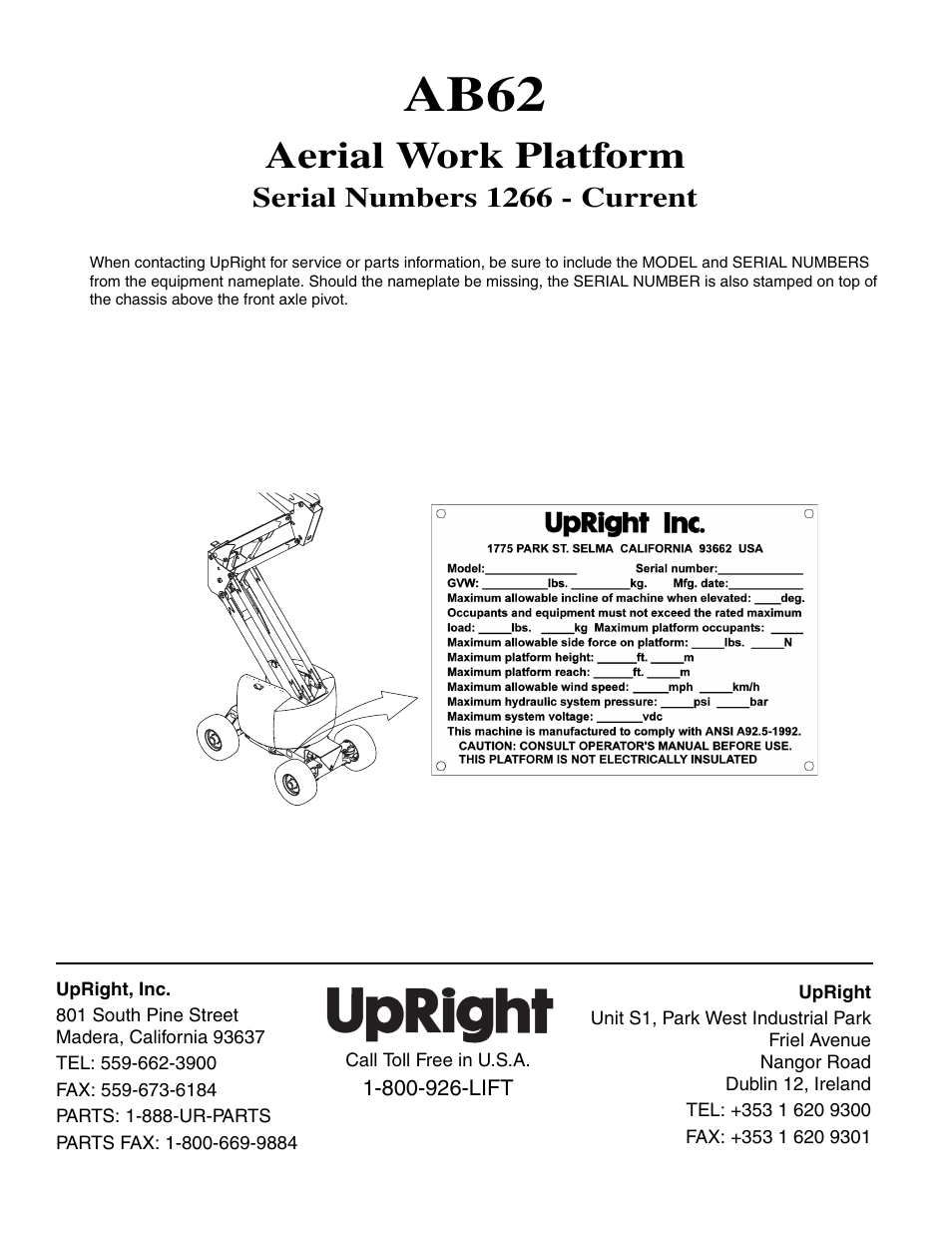Ab62, Aerial work platform, Serial numbers 1266 - current | Snorkel AB62 User Manual | Page 2 / 24