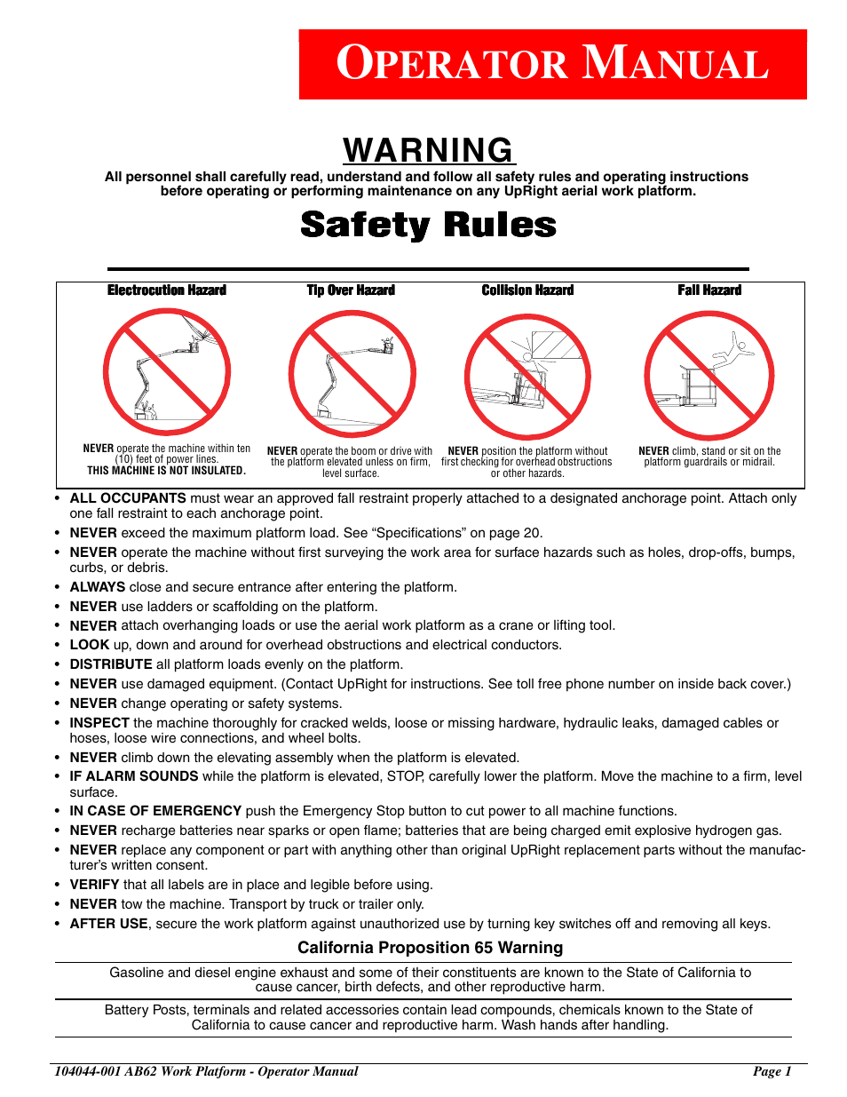 Operator manual, Perator, Anual | Warning, Safety rules | Snorkel AB62 User Manual | Page 3 / 24