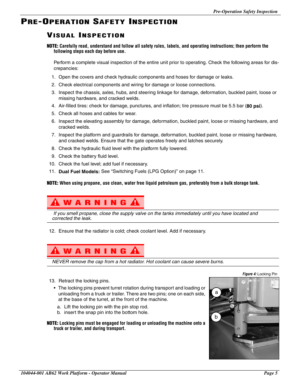 Pre-operation safety inspection, Visual inspection | Snorkel AB62 User Manual | Page 7 / 24