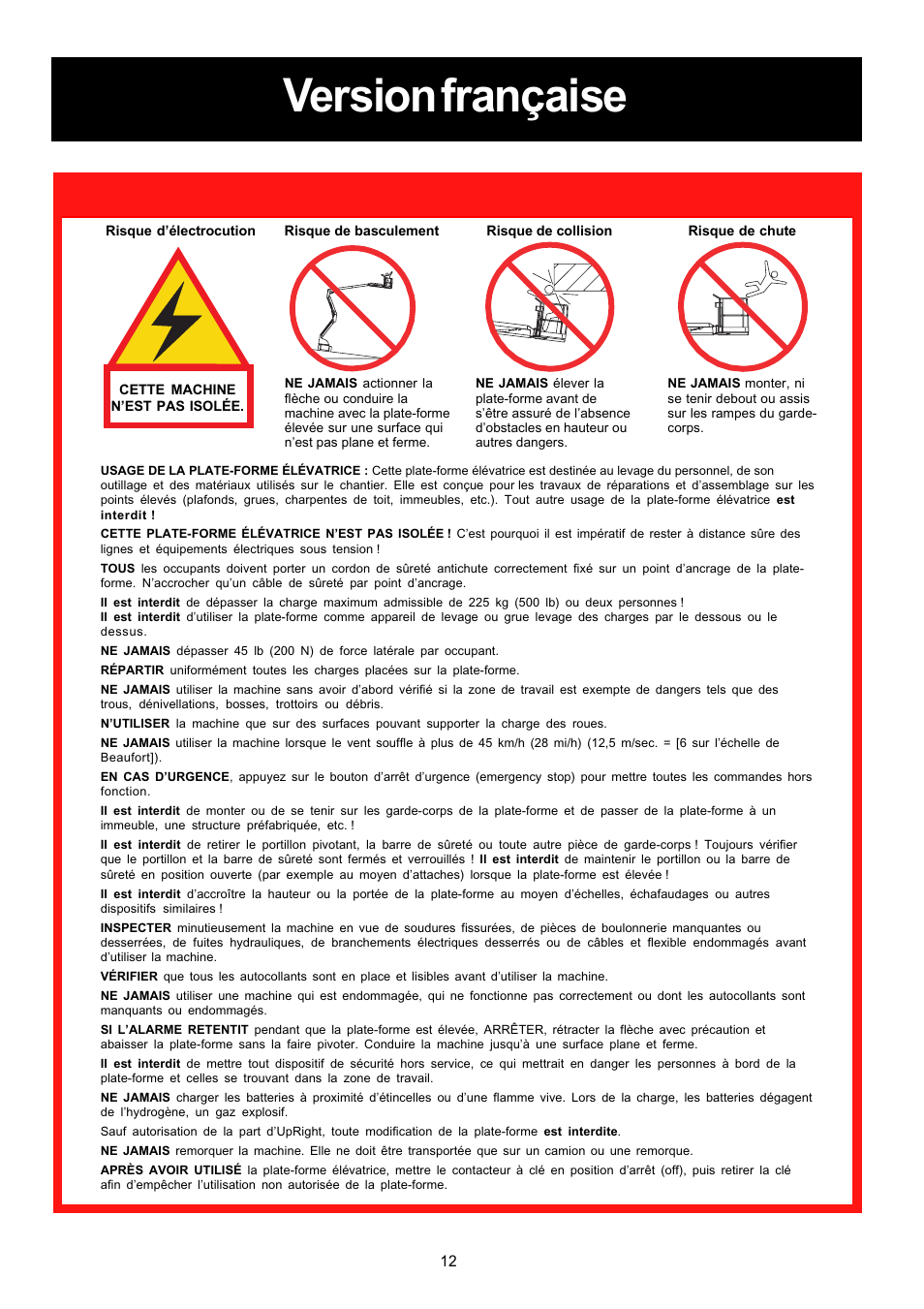 Version française, Consignes de sécurité | Snorkel AB62RT User Manual | Page 12 / 48