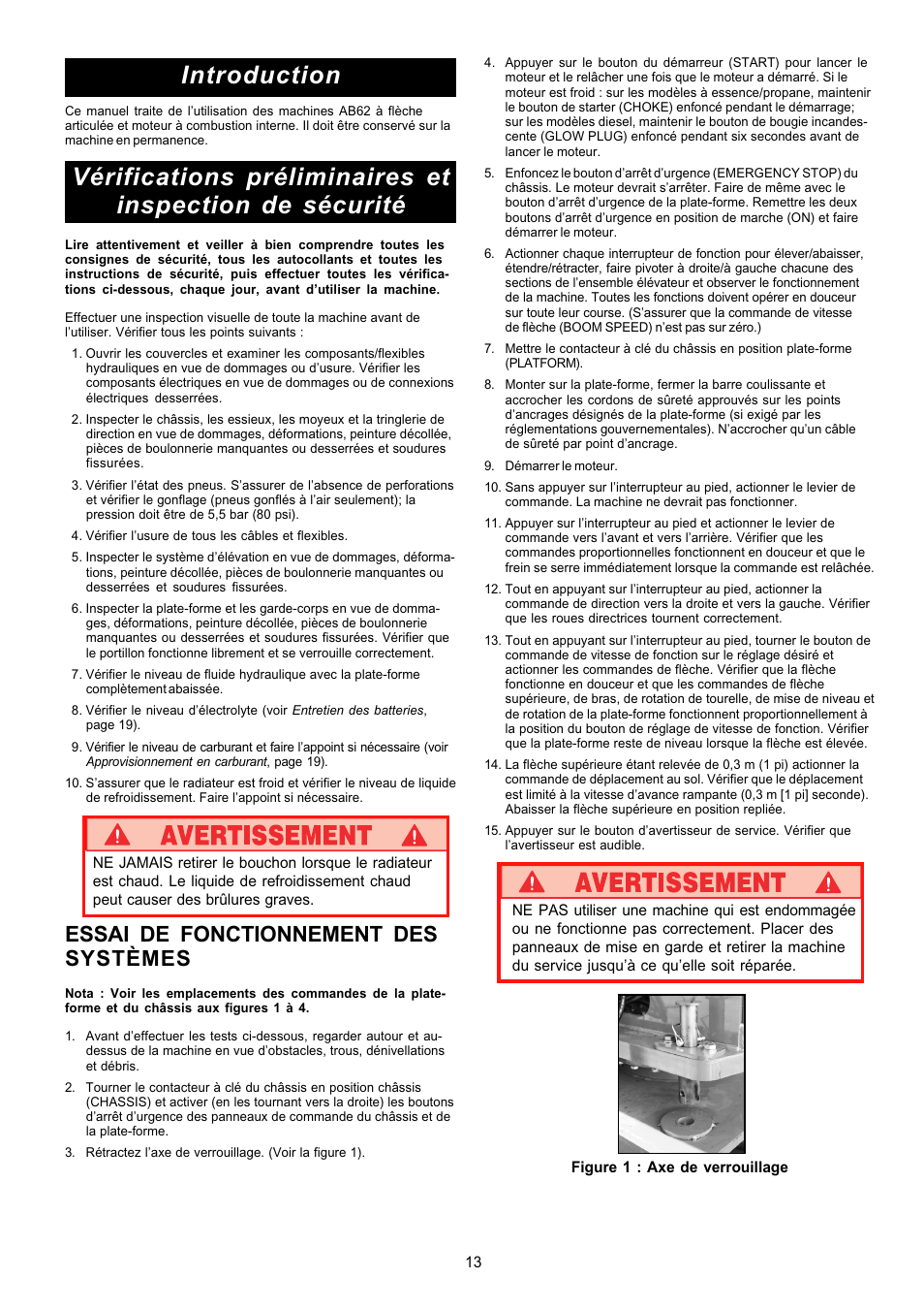 Introduction, Commandes et indicateurs utilisation, Essai de fonctionnement des systèmes | Snorkel AB62RT User Manual | Page 13 / 48