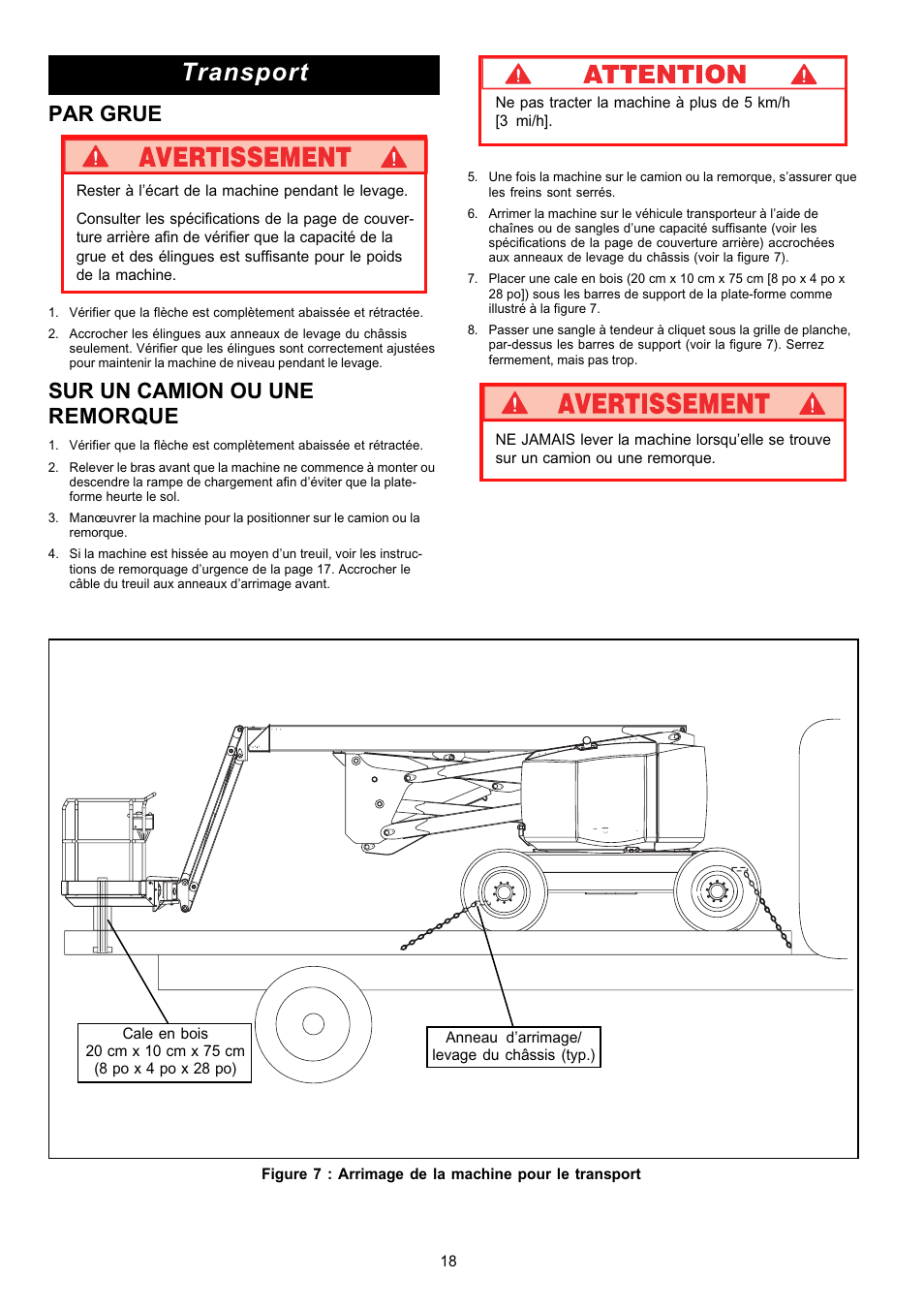 Transport, Par grue, Sur un camion ou une remorque | Snorkel AB62RT User Manual | Page 18 / 48