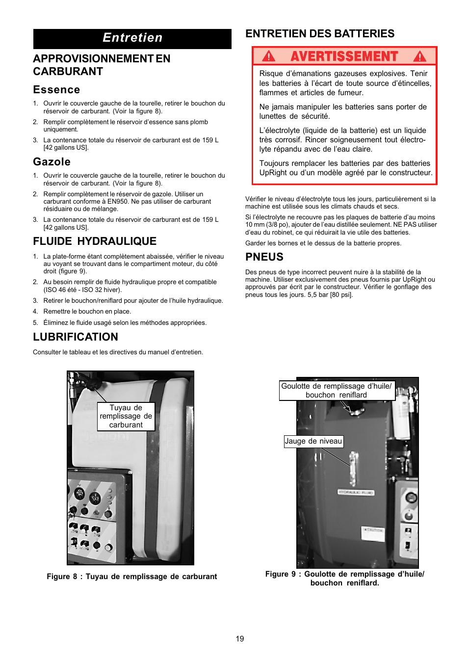 Entretien, Approvisionnement en carburant essence, Gazole | Fluide hydraulique, Lubrification, Entretien des batteries, Pneus | Snorkel AB62RT User Manual | Page 19 / 48