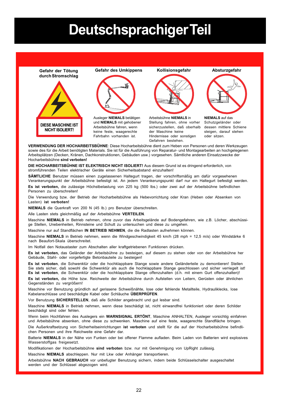 Deutschsprachiger teil, Sicherheitsregeln | Snorkel AB62RT User Manual | Page 22 / 48