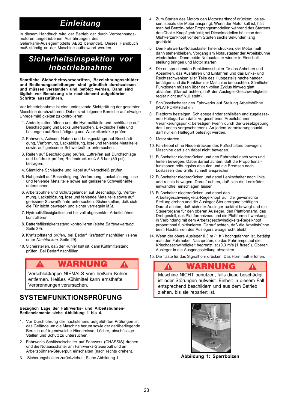 Einleitung, Sicherheitsinspektion vor inbetriebnahme, Systemfunktionsprüfung | Snorkel AB62RT User Manual | Page 23 / 48
