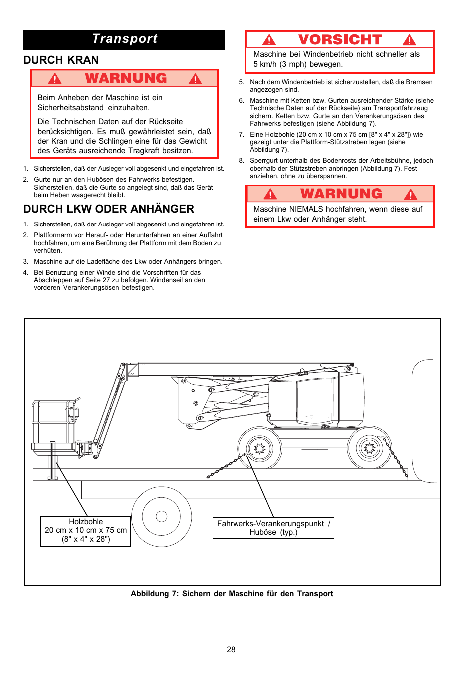 Transport, Durch kran, Durch lkw oder anhänger | Snorkel AB62RT User Manual | Page 28 / 48