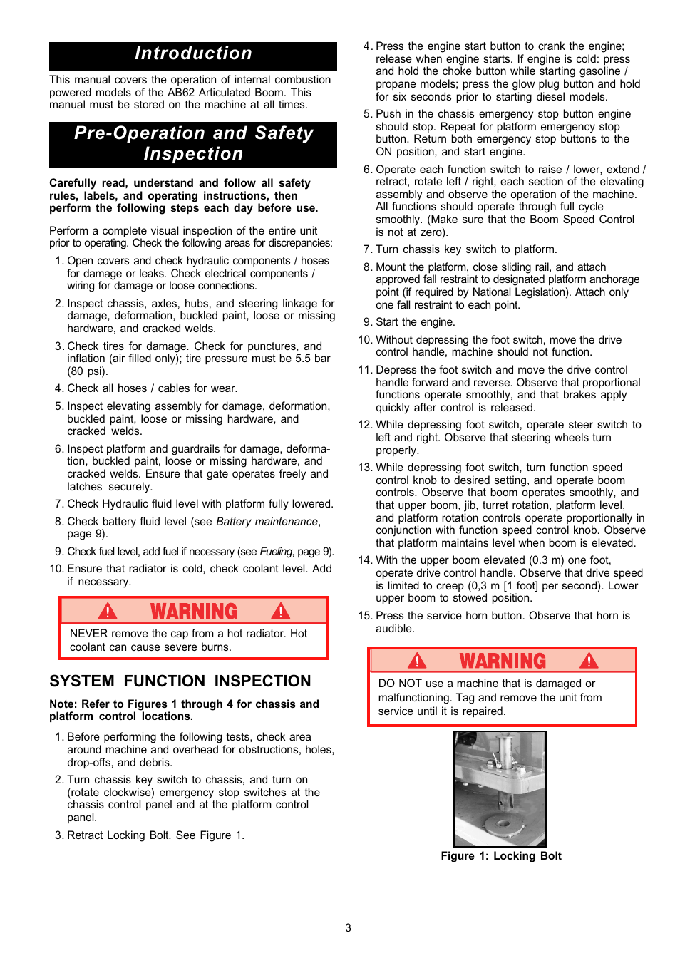 Introduction, Pre-operation and safety inspection, System function inspection | Snorkel AB62RT User Manual | Page 3 / 48