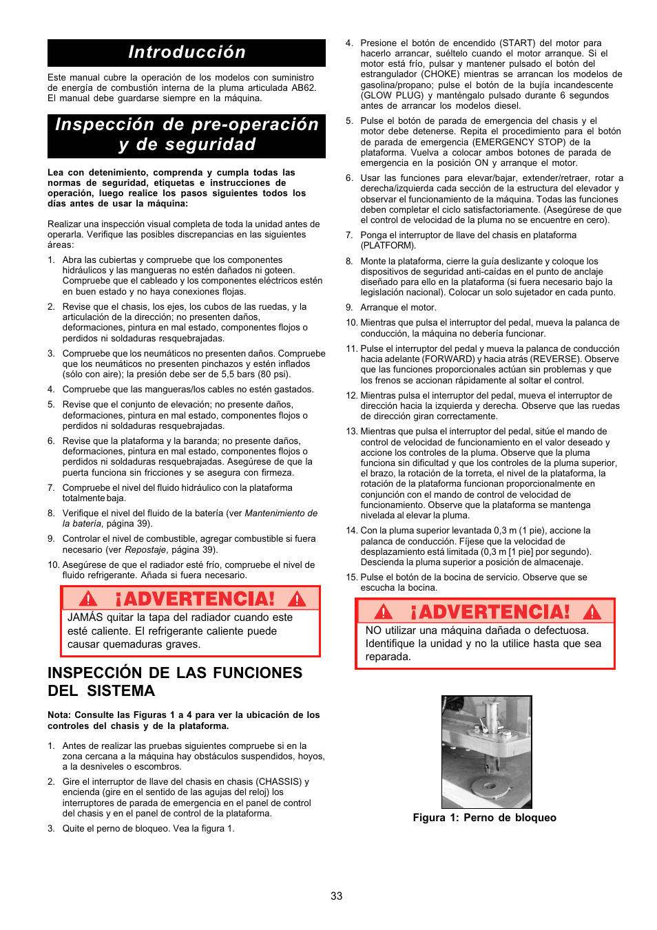 Introducción, Inspección de pre-operación y de seguridad, Inspección de las funciones del sistema | Snorkel AB62RT User Manual | Page 33 / 48