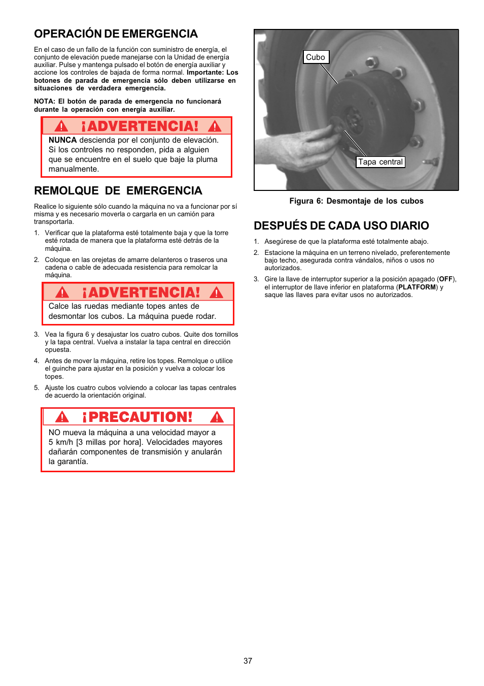Operación de emergencia, Remolque de emergencia, Después de cada uso diario | Snorkel AB62RT User Manual | Page 37 / 48