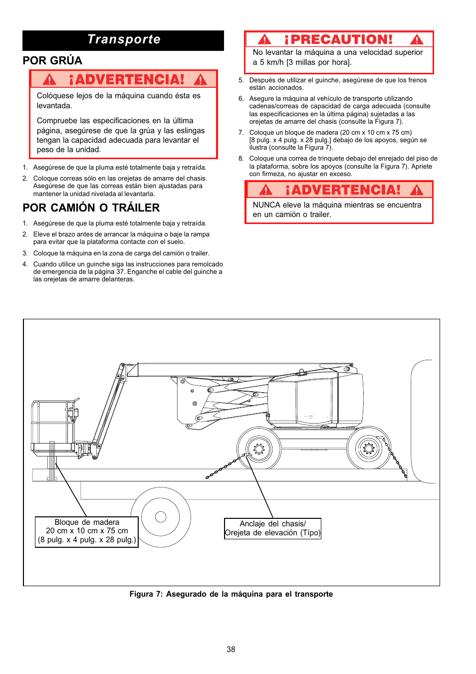 Transporte, Por grúa, Por camión o tráiler | Snorkel AB62RT User Manual | Page 38 / 48
