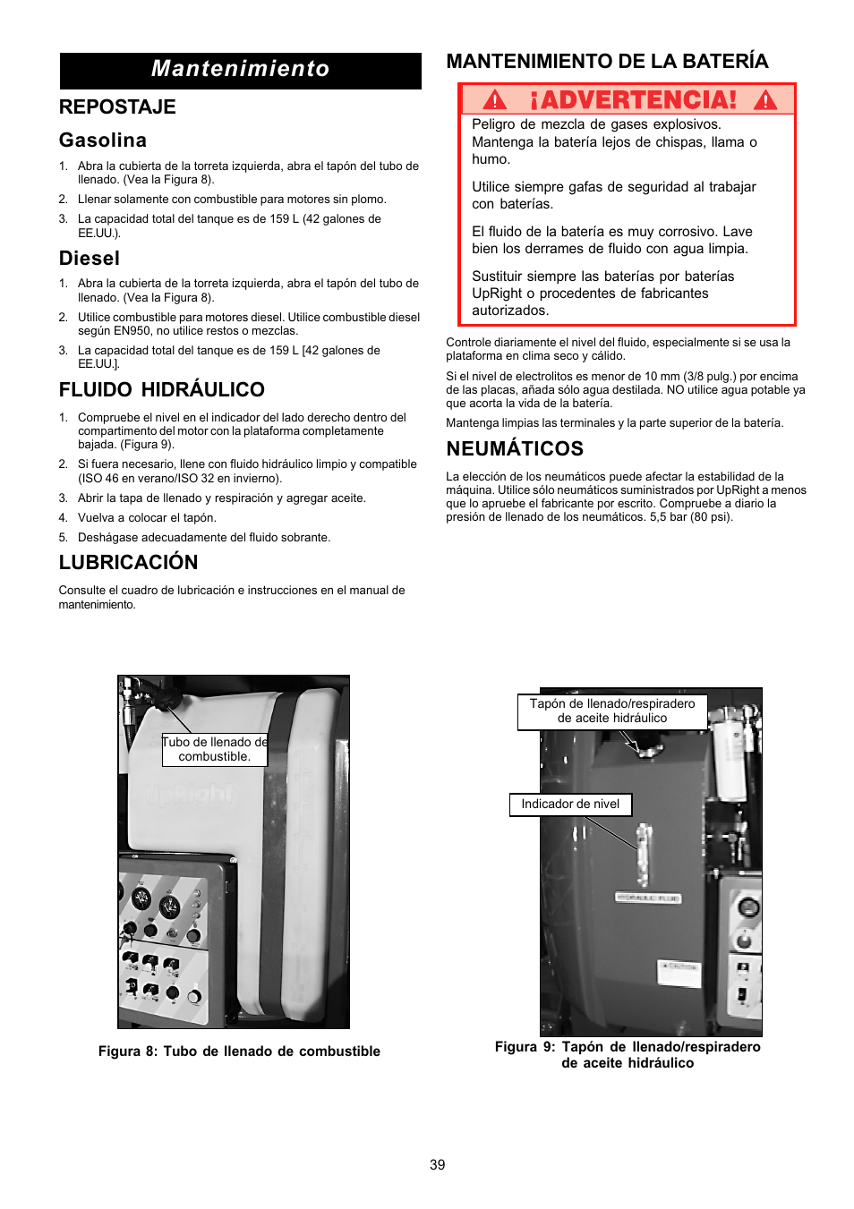 Mantenimiento, Repostaje gasolina, Diesel | Fluido hidráulico, Lubricación, Mantenimiento de la batería, Neumáticos | Snorkel AB62RT User Manual | Page 39 / 48