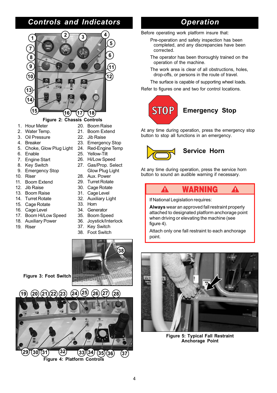 Operation, Controls and indicators, Emergency stop | Service horn | Snorkel AB62RT User Manual | Page 4 / 48