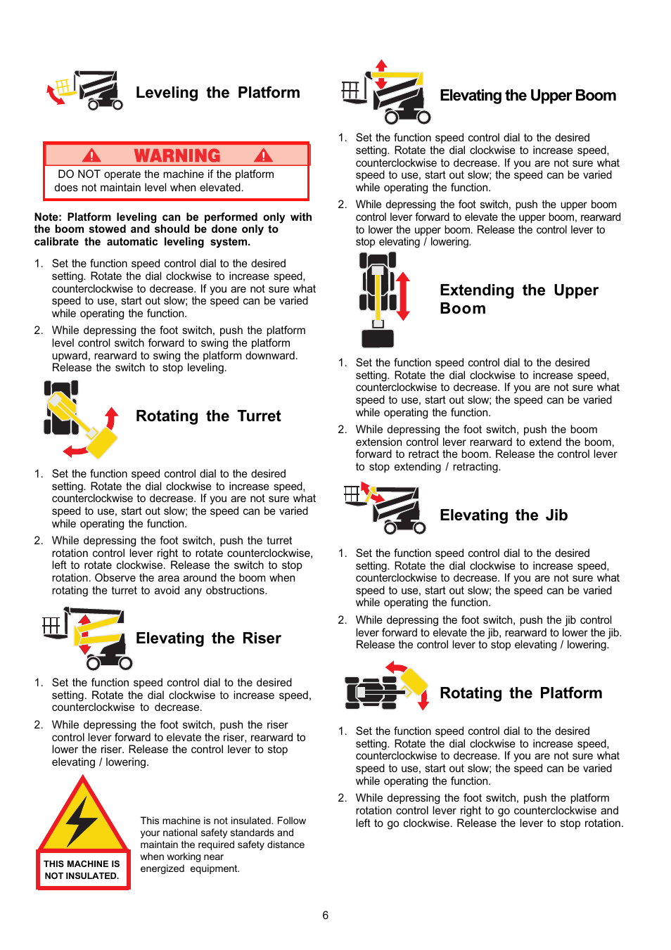 Elevating the upper boom, Extending the upper boom, Elevating the jib | Rotating the platform, Leveling the platform, Rotating the turret, Elevating the riser | Snorkel AB62RT User Manual | Page 6 / 48