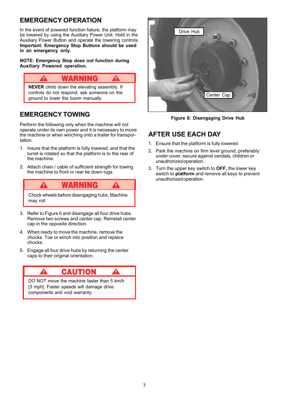 Emergency operation, After use each day, Emergency towing | Snorkel AB62RT User Manual | Page 7 / 48