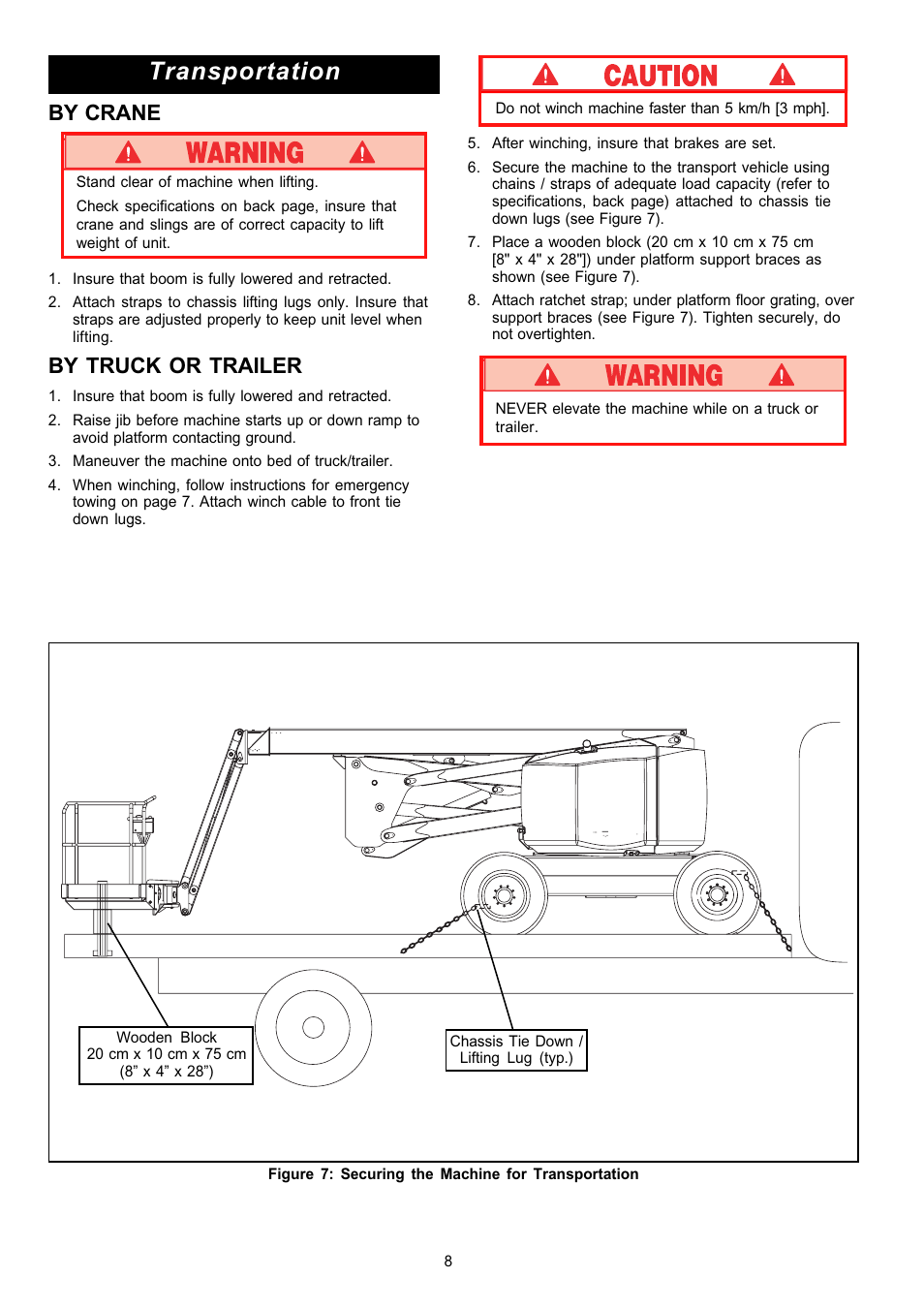 Transportation, By crane, By truck or trailer | Snorkel AB62RT User Manual | Page 8 / 48