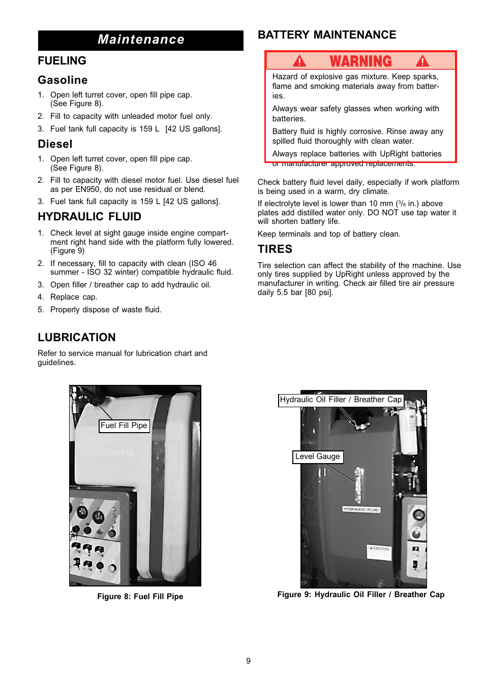 Maintenance, Fueling gasoline, Diesel | Hydraulic fluid, Lubrication, Battery maintenance, Tires | Snorkel AB62RT User Manual | Page 9 / 48