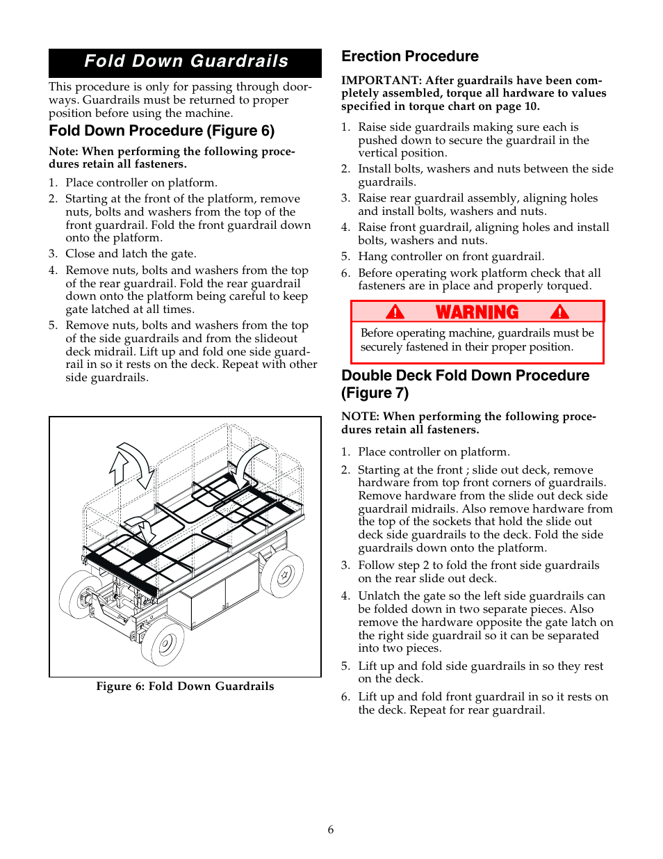 Fold down guardrails, Fold down procedure (figure 6), Erection procedure | Double deck fold down procedure (figure 7) | Snorkel Bi-Energy-sn3300 - 4021 User Manual | Page 6 / 12