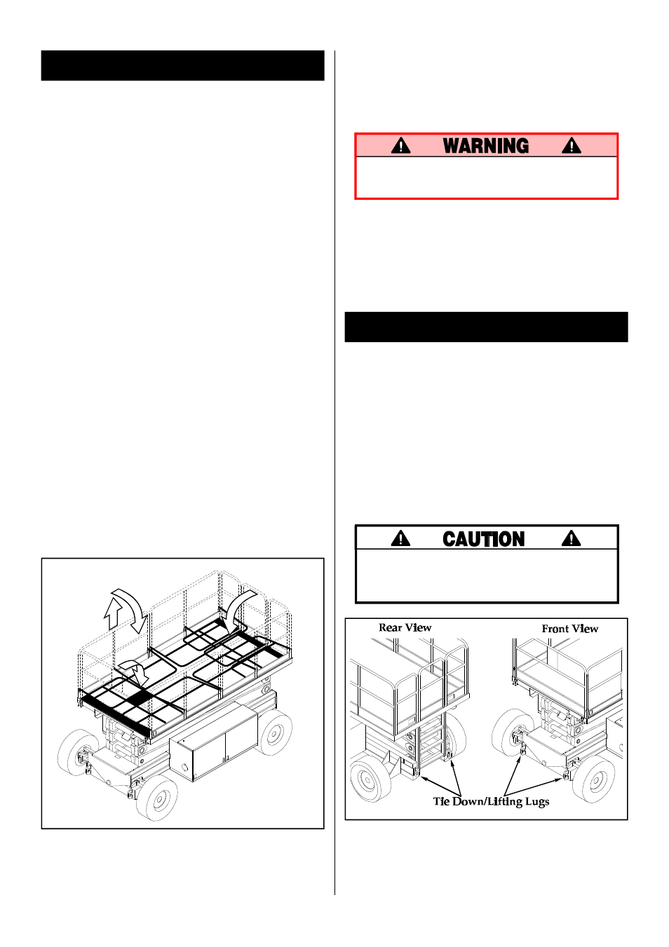 Fold down guardrails, Transporting work platform, Fold down procedure (figure 6) | Erection procedure, By crane, By truck | Snorkel LX41-sn1001-2746 User Manual | Page 7 / 40