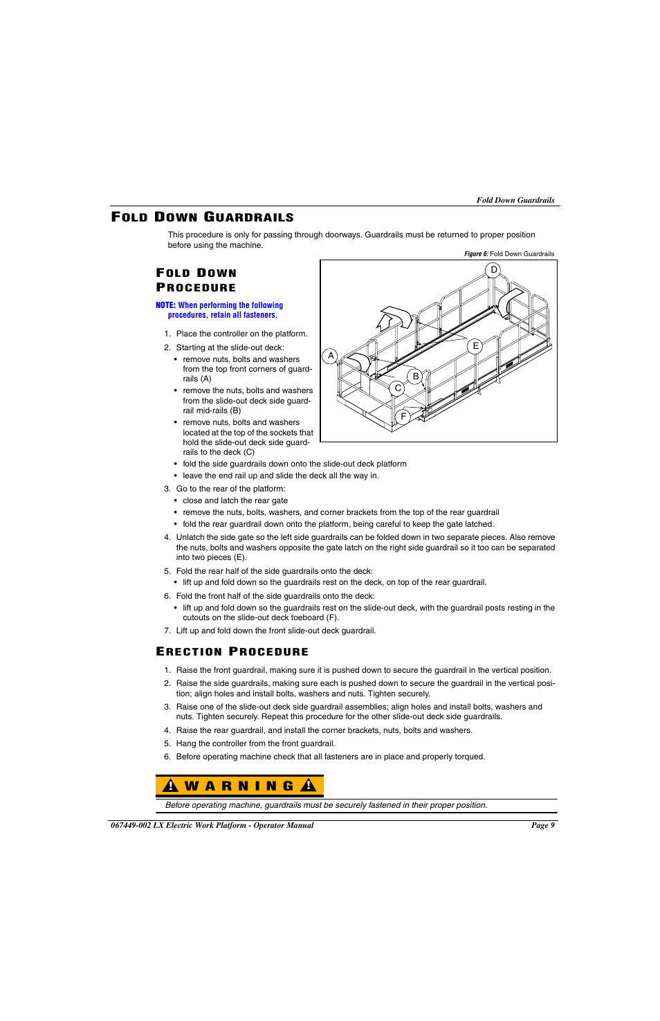 Fold down guardrails, Fold down procedure erection procedure | Snorkel LX41 Electric-sn4022+ User Manual | Page 13 / 104