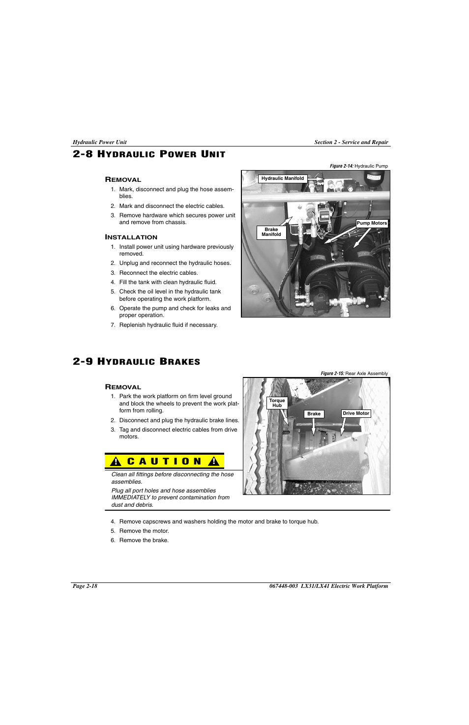 28 hydraulic power unit, 29 hydraulic brakes, 8 hydraulic power unit -18 | Removal -18 installation -18, 9 hydraulic brakes -18, Removal -18 | Snorkel LX41 Electric-sn4022+ User Manual | Page 56 / 104