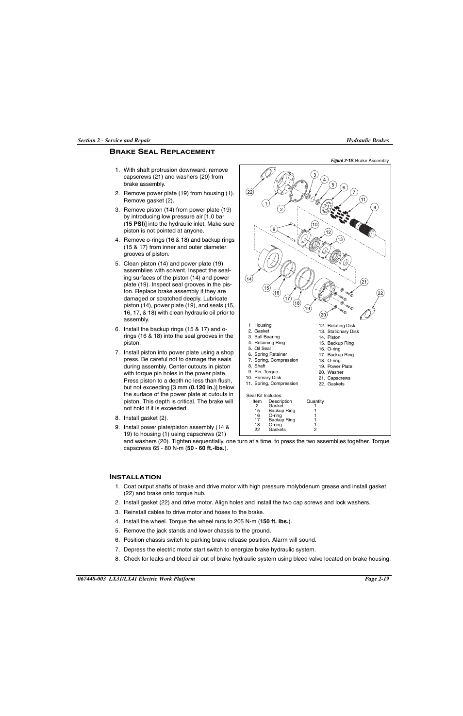 Brake seal replacement -19 installation -19, Figure 2-16: brake assembly -19 | Snorkel LX41 Electric-sn4022+ User Manual | Page 57 / 104