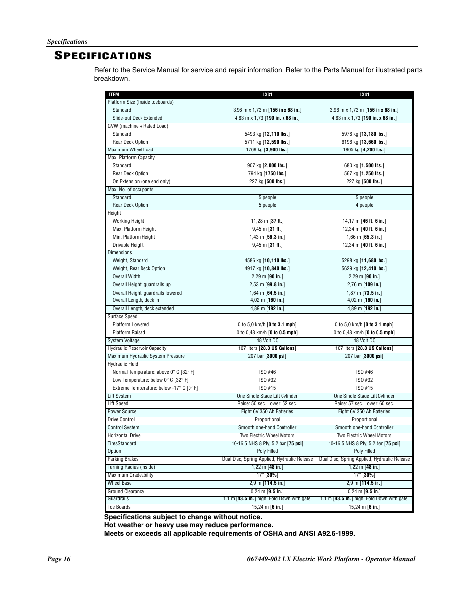 Specifications, Pecifications | Snorkel LX41 Electric-sn4022-4390 User Manual | Page 18 / 20