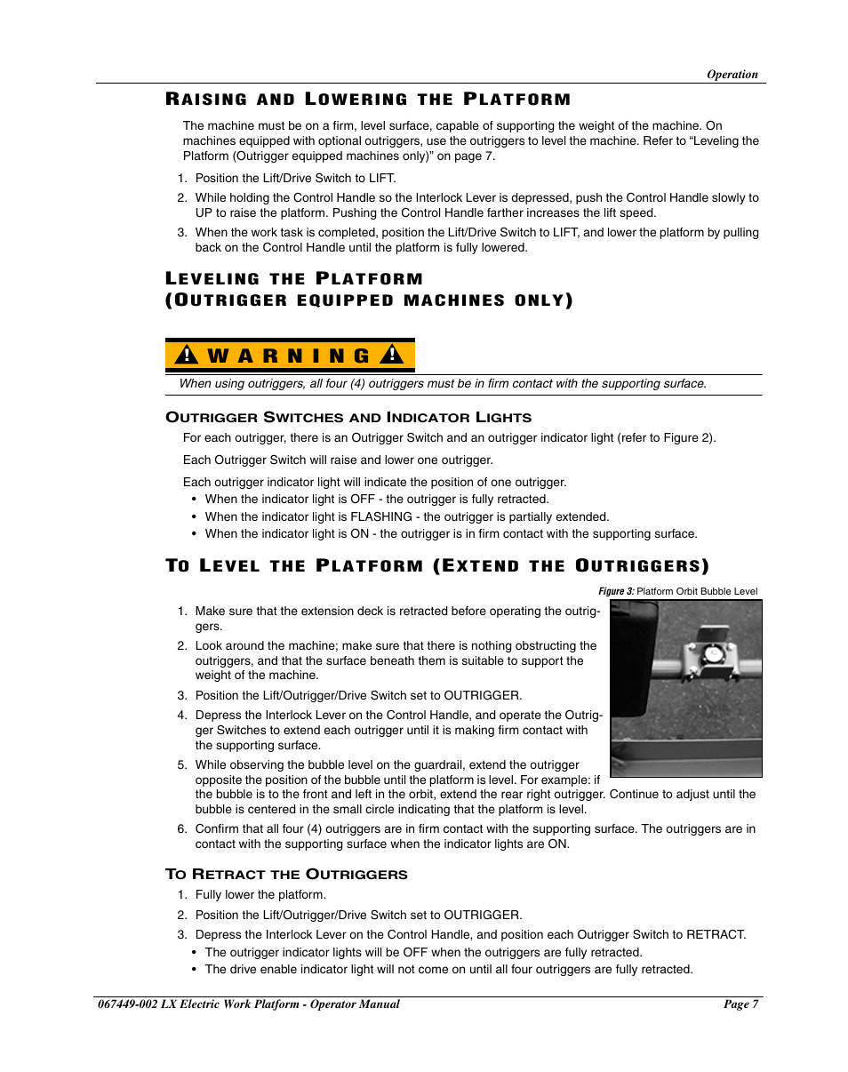 Raising and lowering the platform, Outrigger switches and indicator lights, To level the platform (extend the outriggers) | To retract the outriggers | Snorkel LX41 Electric-sn4022-4390 User Manual | Page 9 / 20