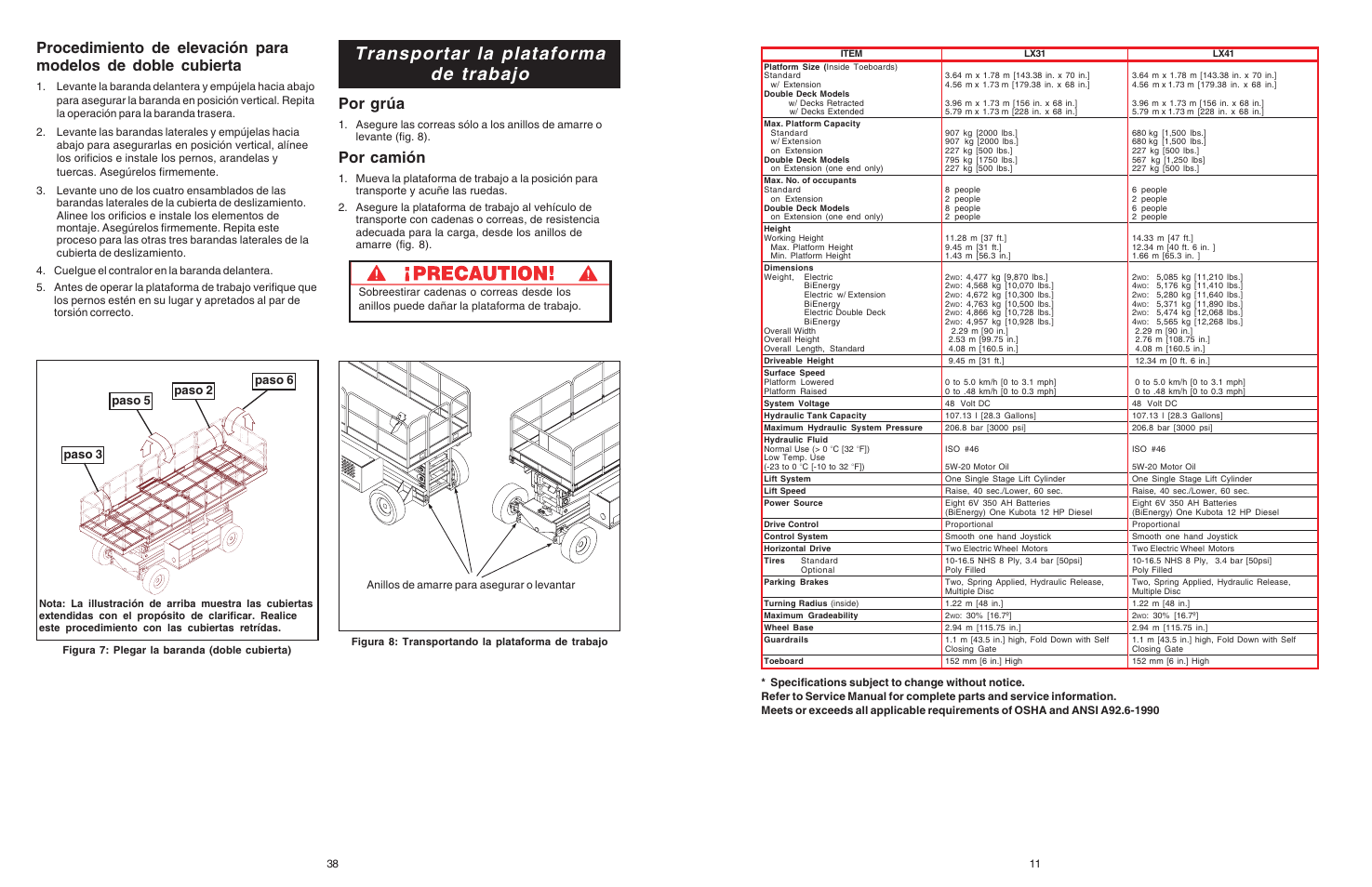 Transportar la plataforma de trabajo, Por grúa, Por camión | Paso 2 paso 5 paso 3 paso 6, Anillos de amarre para asegurar o levantar | Snorkel Bi-Energy-sn1879-4274 User Manual | Page 11 / 24