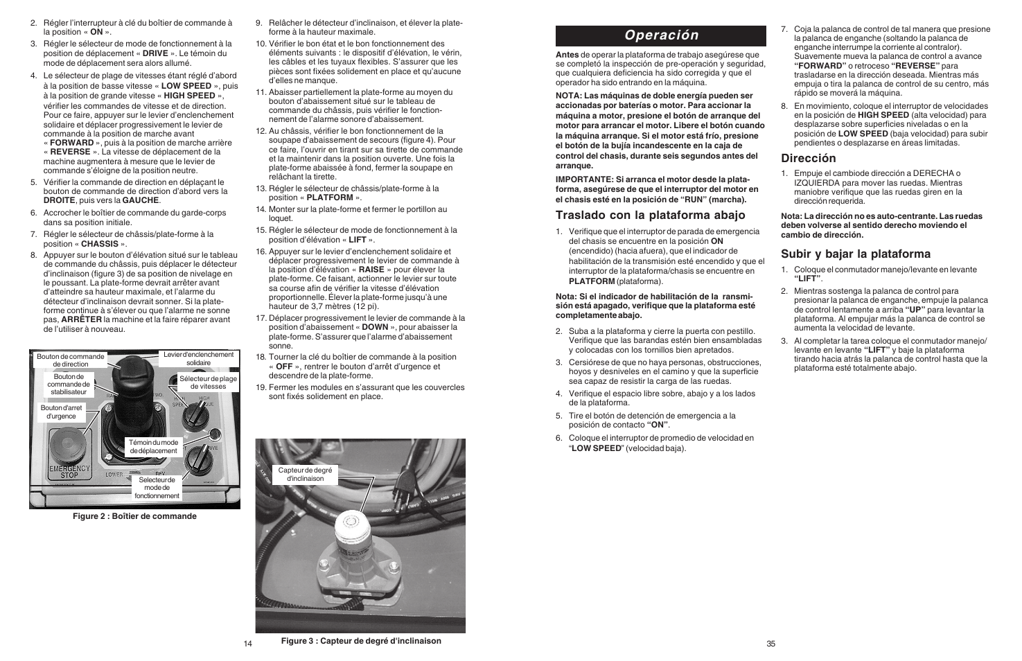 Operación, Traslado con la plataforma abajo, Dirección | Subir y bajar la plataforma | Snorkel Bi-Energy-sn1879-4274 User Manual | Page 14 / 24