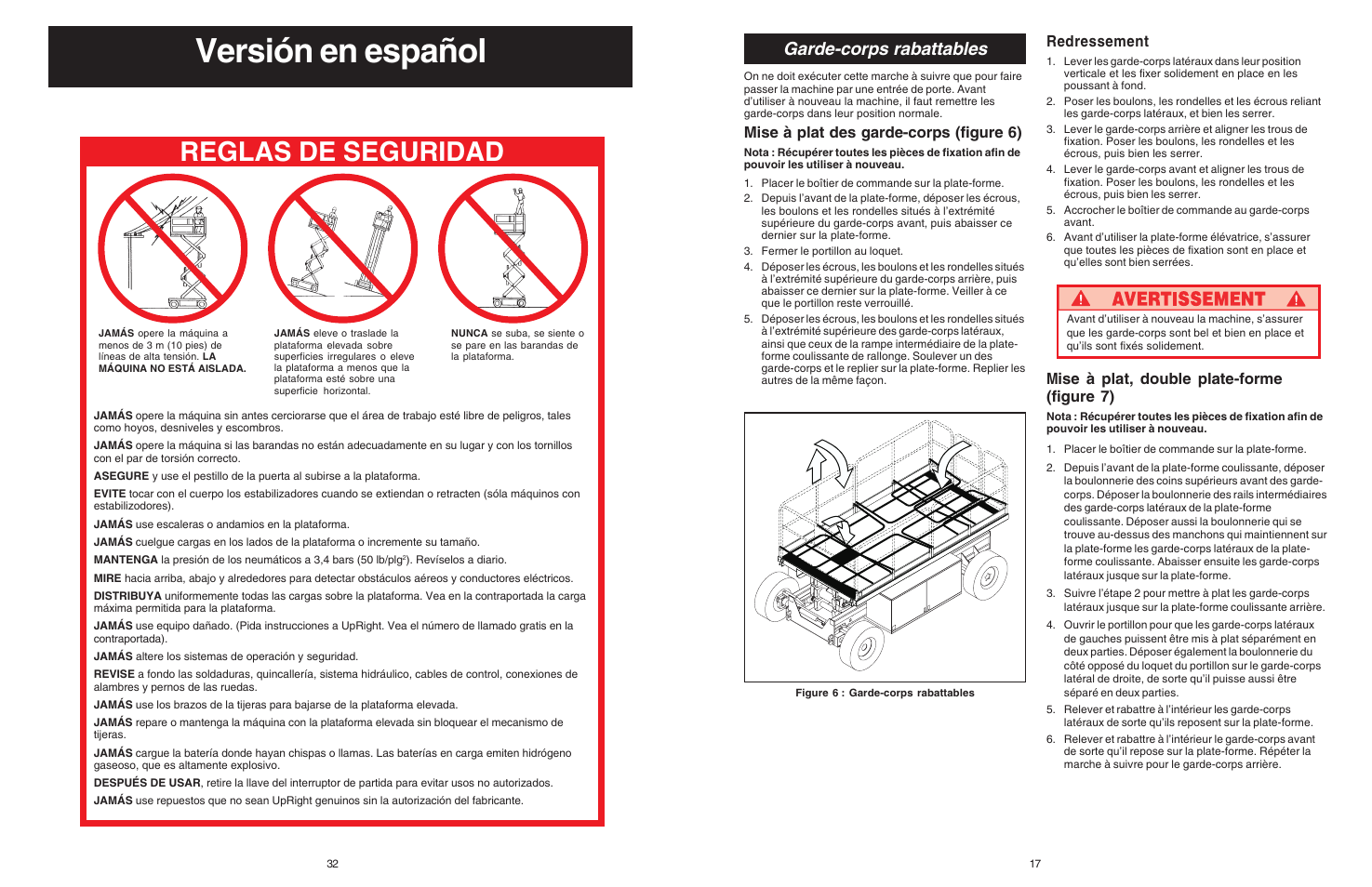 Versión en español, Reglas de seguridad, Garde-corps rabattables | Mise à plat des garde-corps (figure 6), Redressement, Mise à plat, double plate-forme (figure 7) | Snorkel Bi-Energy-sn1879-4274 User Manual | Page 17 / 24