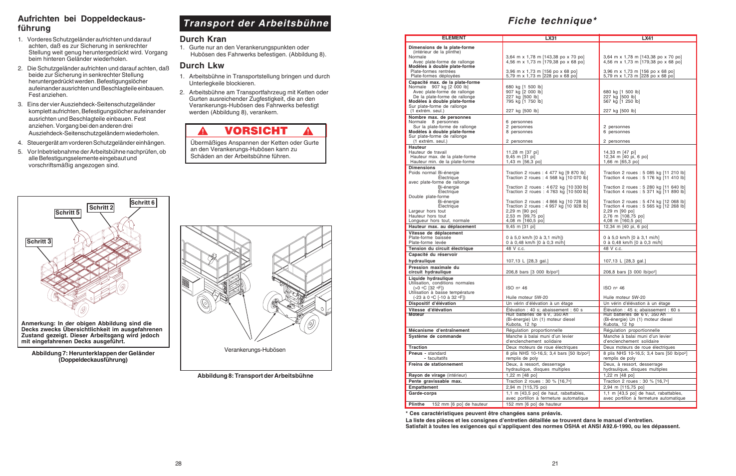 Fiche technique, Transport der arbeitsbühne, Aufrichten bei doppeldeckaus- führung | Durch kran, Durch lkw, Schritt | Snorkel Bi-Energy-sn1879-4274 User Manual | Page 21 / 24