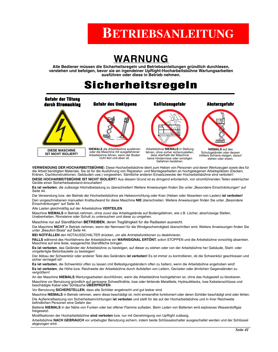 Etriebsanleitung, Warnung, Sicherheitsregeln | Snorkel Bi-Energy-sn4275+ User Manual | Page 43 / 64