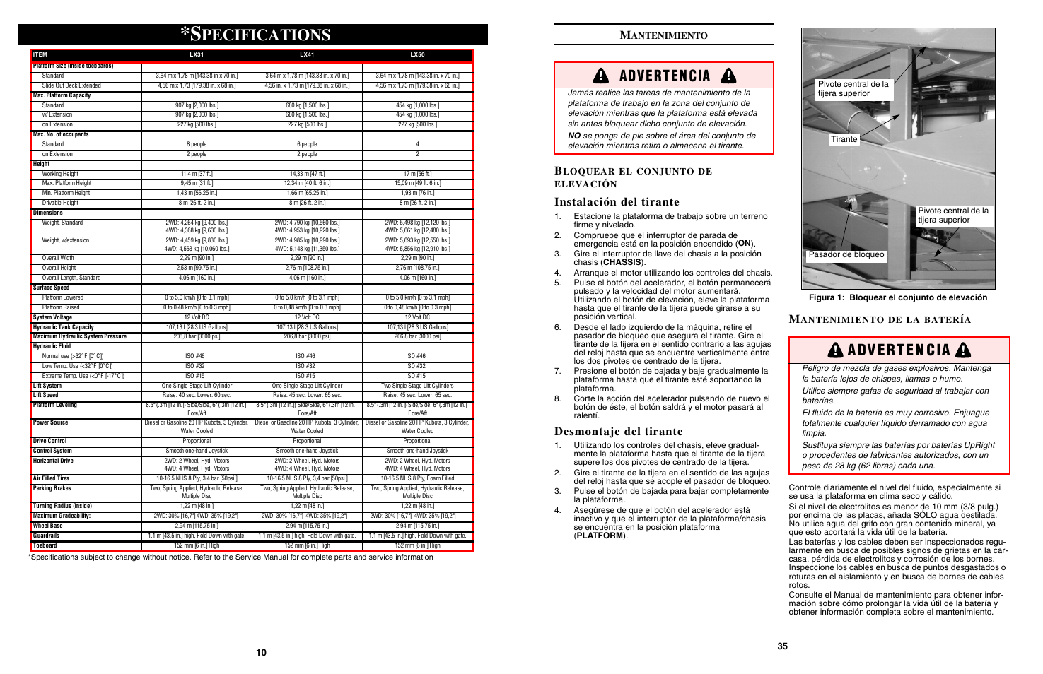 Pecifications, Adve rt e n cia, Instalación del tirante | Desmontaje del tirante, Antenimiento, Loquear, Conjunto, Elevación, Batería | Snorkel LX50-sn2747-3299 User Manual | Page 10 / 40