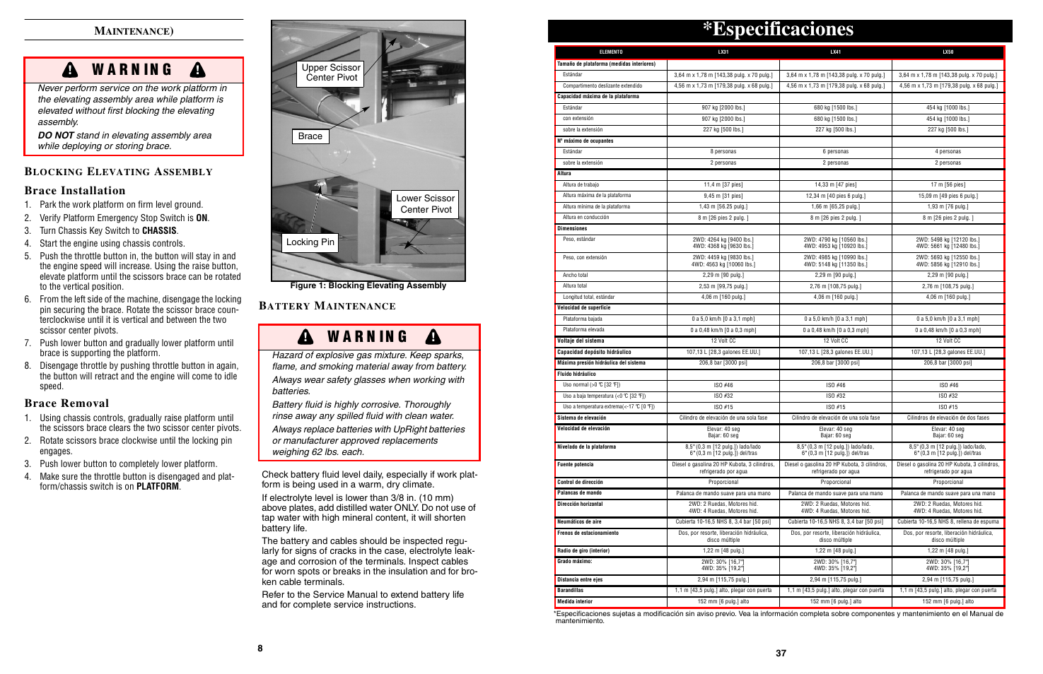 Especificaciones, Brace installation, Brace removal | Aintenance, Locking, Levating, Ssembly, Attery | Snorkel LX50-sn2747-3299 User Manual | Page 8 / 40
