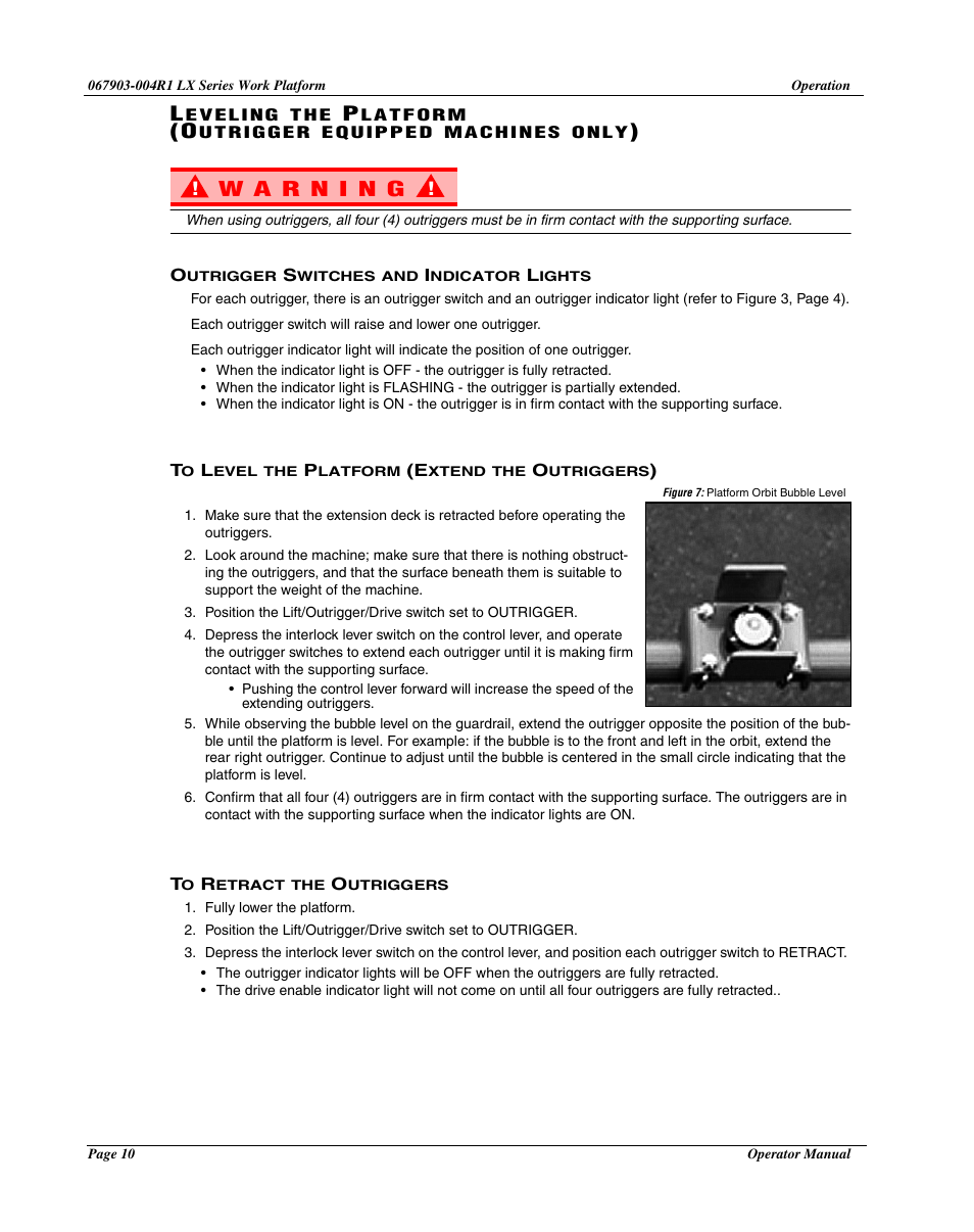 Outrigger switches and indicator lights, To level the platform (extend the outriggers), To retract the outriggers | Snorkel LX50-sn4022+ User Manual | Page 12 / 24