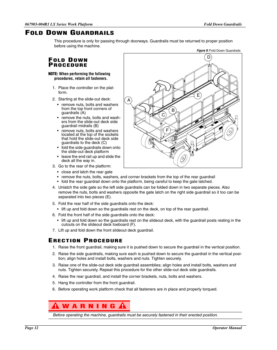 Fold down guardrails, Fold down procedure, Erection procedure | Snorkel LX50-sn4022+ User Manual | Page 14 / 24