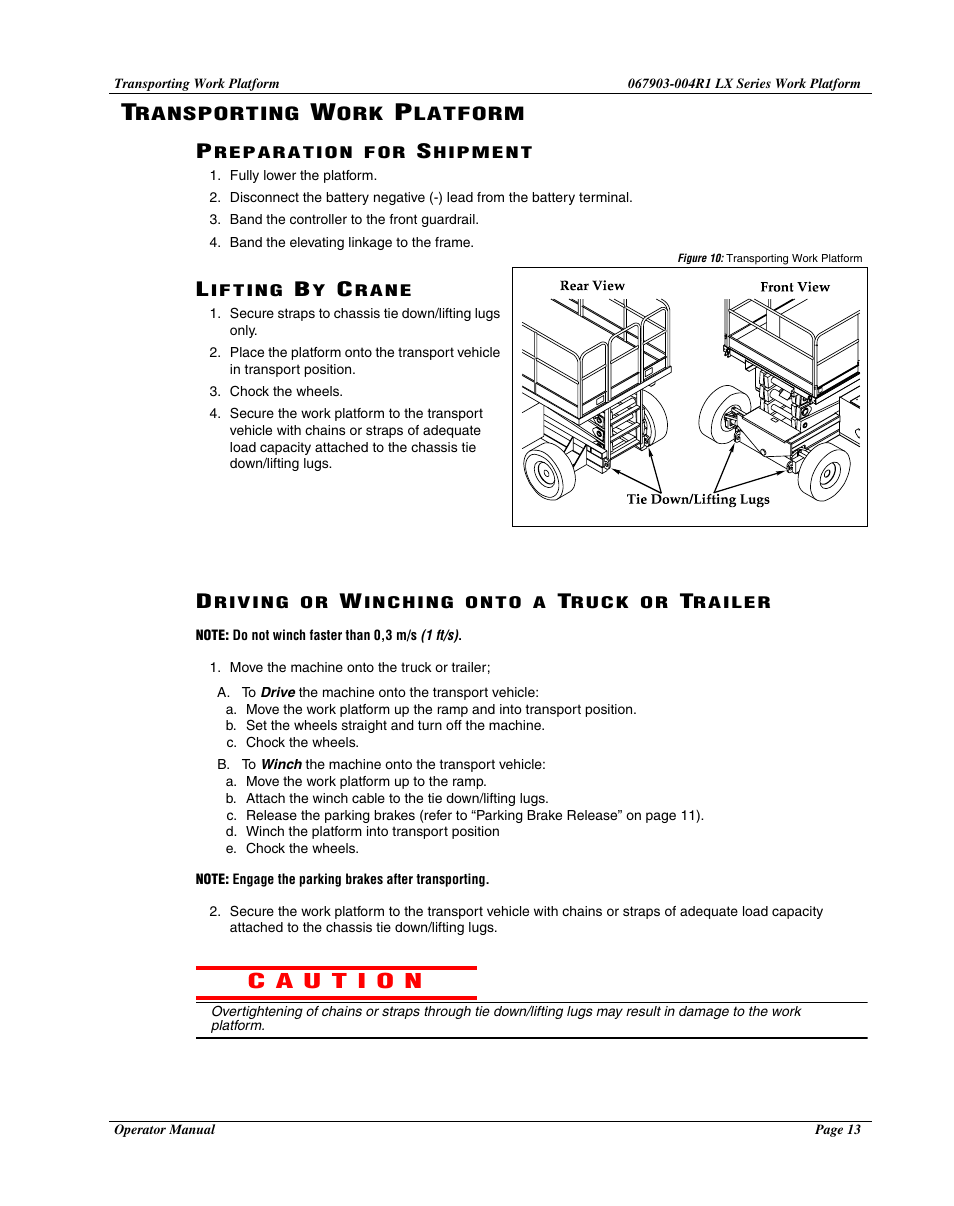 Transporting work platform, Preparation for shipment, Lifting by crane | Driving or winching onto a truck or trailer | Snorkel LX50-sn4022+ User Manual | Page 15 / 24