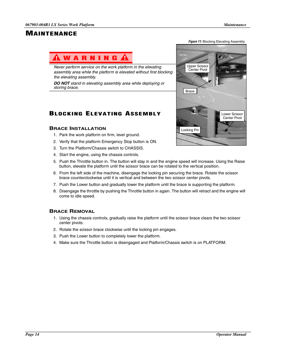 Maintenance, Blocking elevating assembly, Brace installation | Brace removal | Snorkel LX50-sn4022+ User Manual | Page 16 / 24