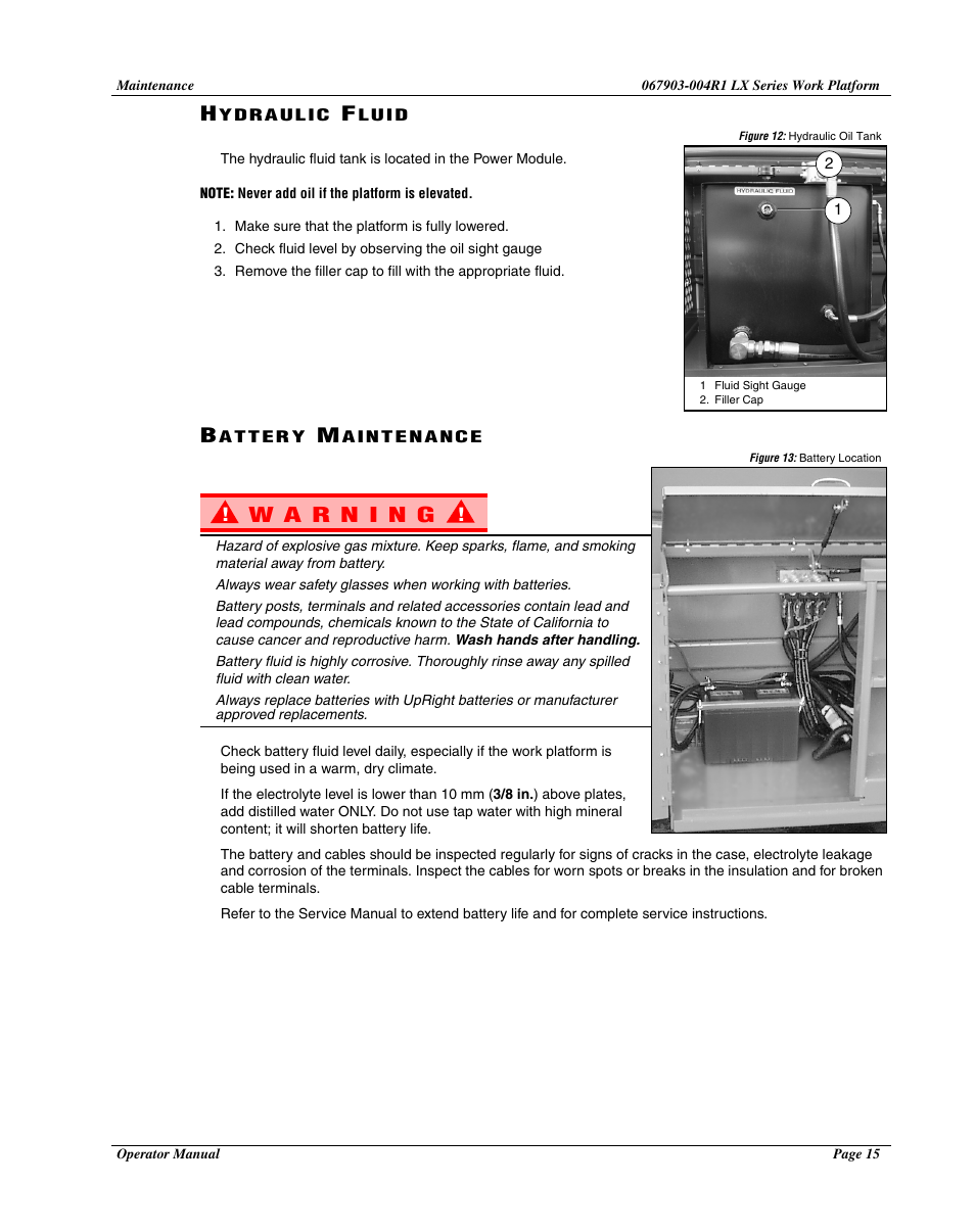 Hydraulic fluid, Battery maintenance | Snorkel LX50-sn4022+ User Manual | Page 17 / 24