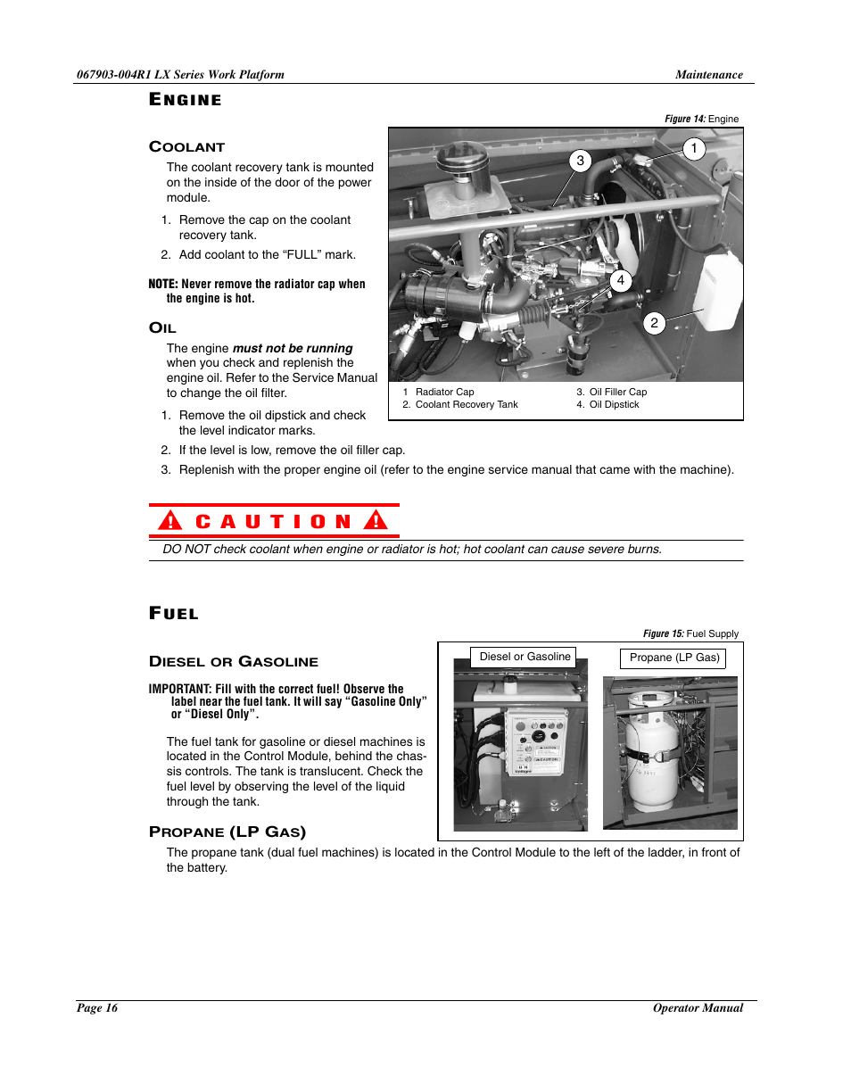 Engine, Coolant, Fuel | Diesel or gasoline, Propane (lp gas) | Snorkel LX50-sn4022+ User Manual | Page 18 / 24