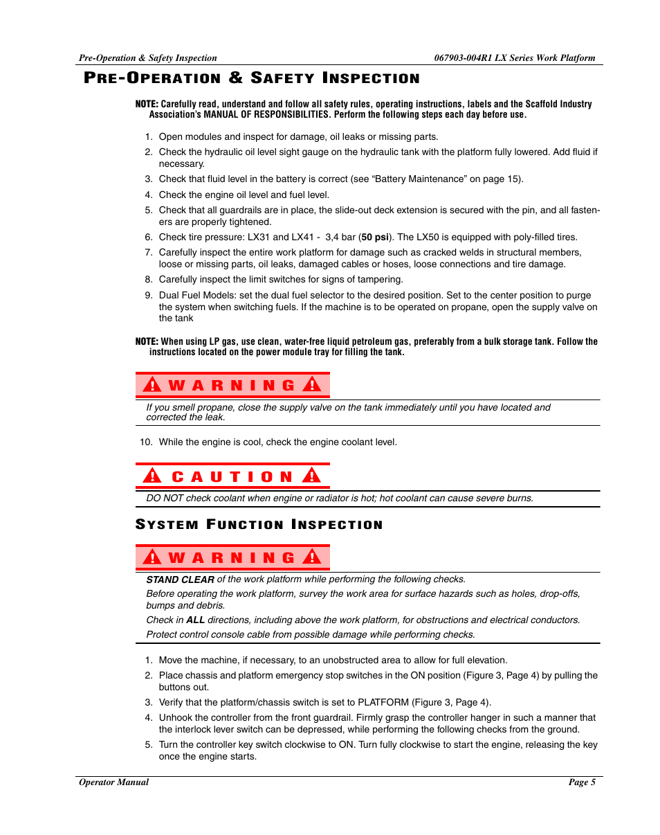 Pre-operation & safety inspection, System function inspection | Snorkel LX50-sn4022+ User Manual | Page 7 / 24