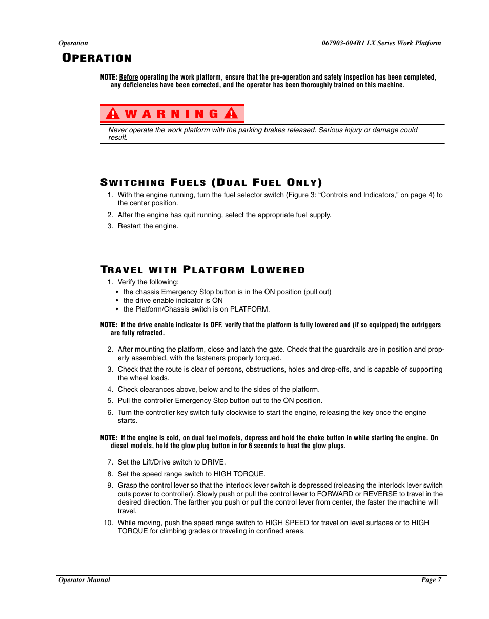 Operation, Switching fuels (dual fuel only), Travel with platform lowered | Snorkel LX50-sn4022+ User Manual | Page 9 / 24