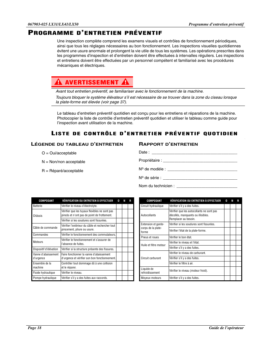 Avertissement, Rogramme, Entretien | Préventif | Snorkel LX50-sn4275+ User Manual | Page 42 / 72